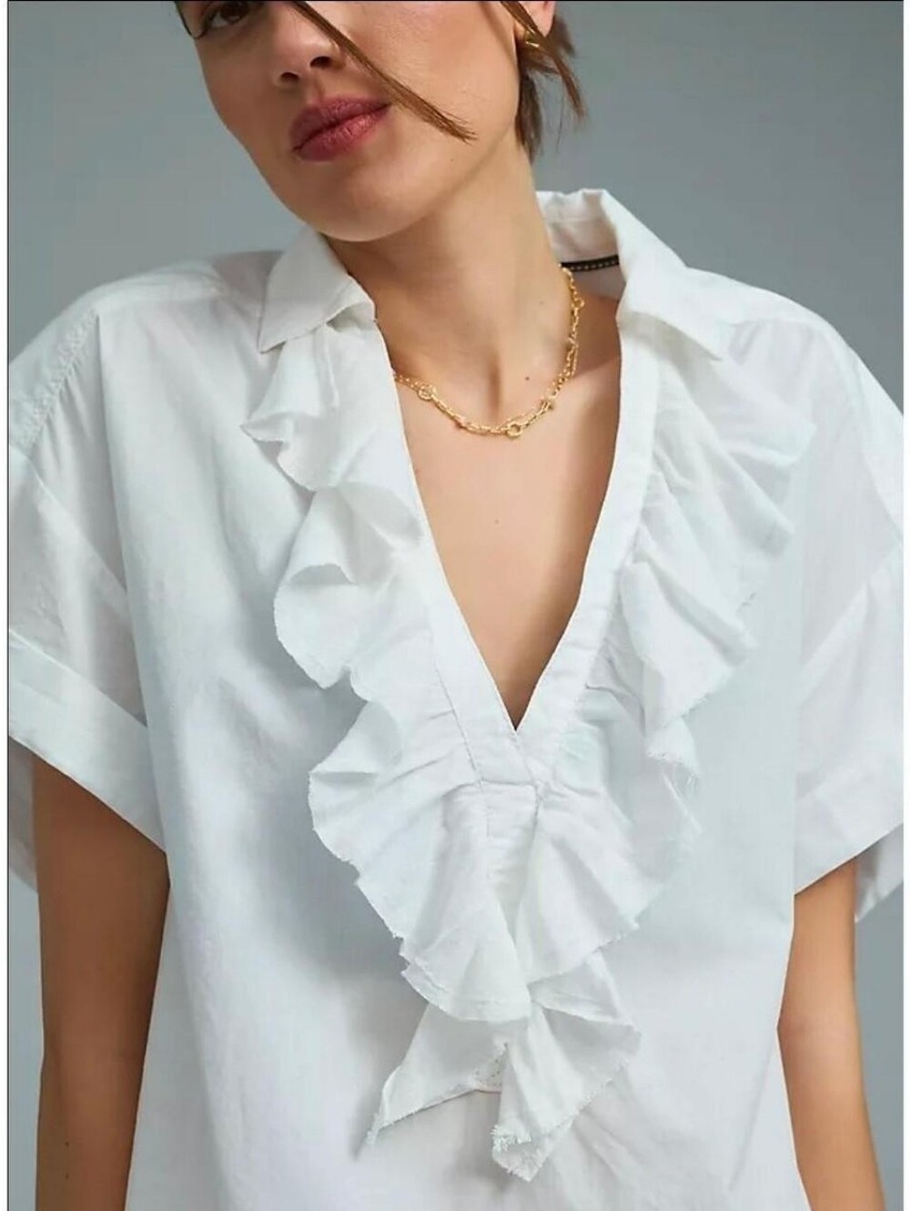 Anthropologie Pilcro White Short-Sleeve Reworked Ruffled Blouse
